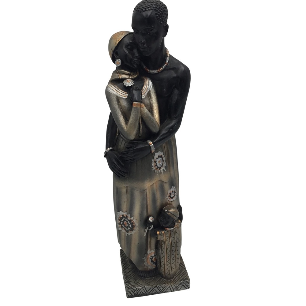 African Family Sculpture Man Woman Child Statue Black Silver Bronze Decor‎ 14.5"